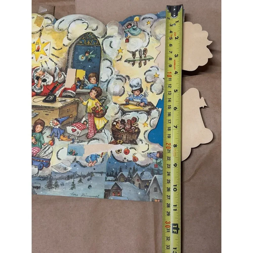 Vintage 50s 60s Count Down To Christmas Advent Calendar Paper Santa Angels Mod